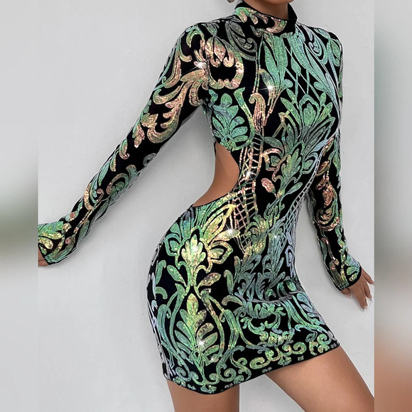 Baroque Print Cut Out Mock Neck Sequin Bodycon Dress - Picture 1 of 5